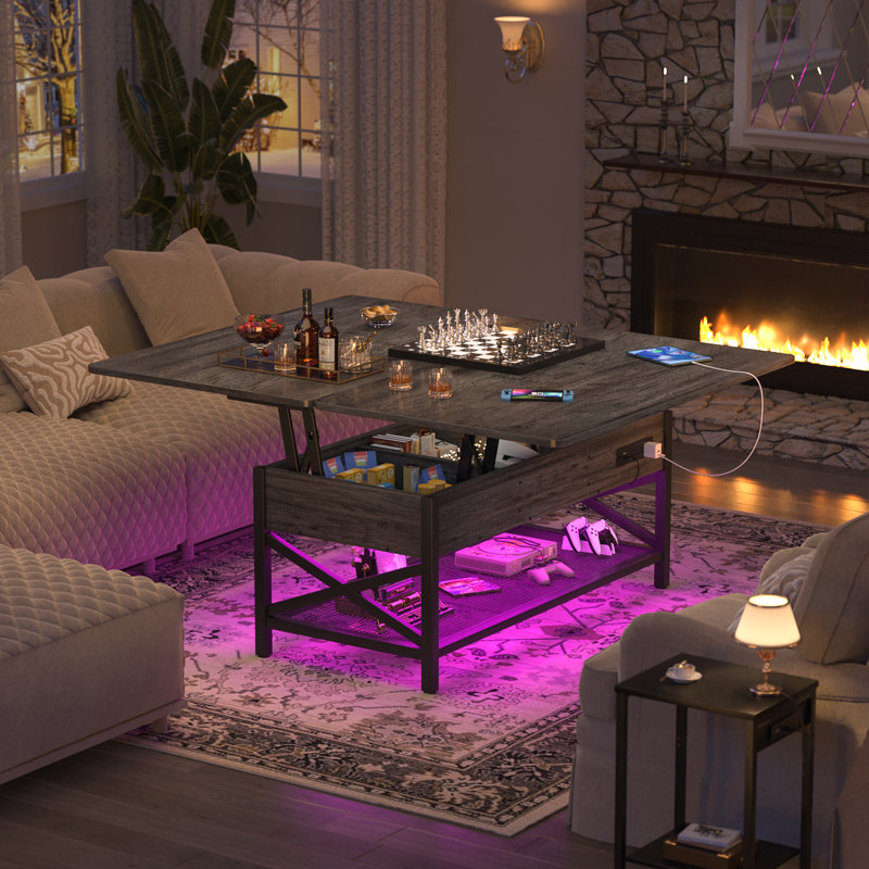 Table basse Jeraldean pour salon avec rangement et lumières à DEL RVB, Bois espresso, Noir