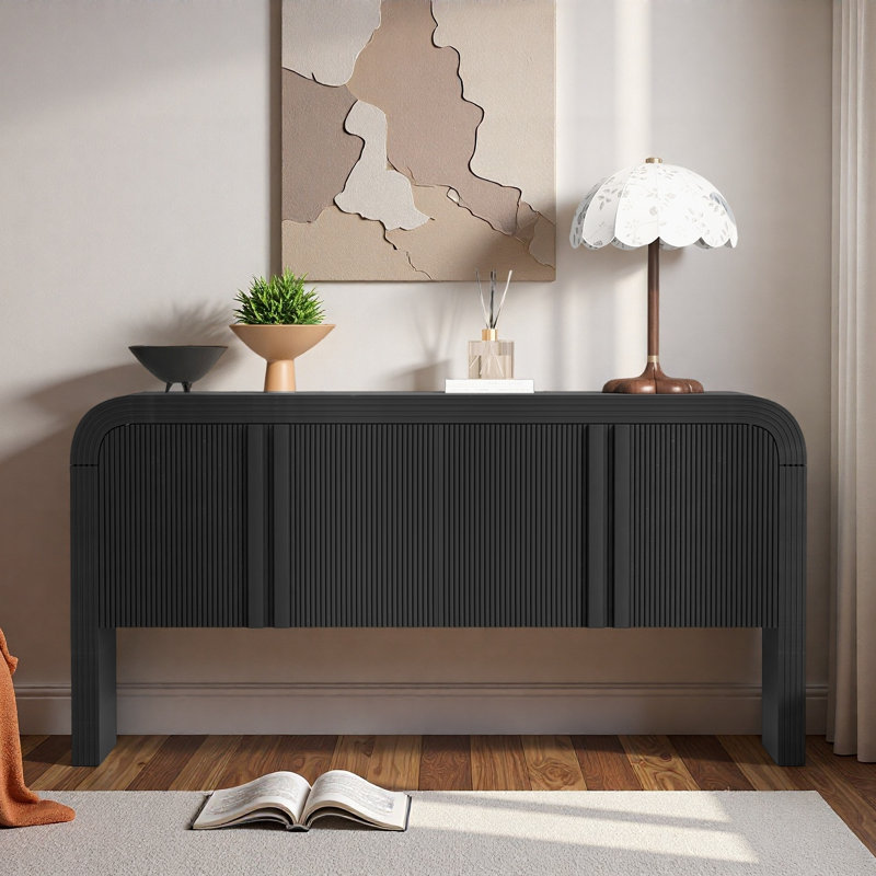 Console avec 4 portes ondulées et tablettes réglables, Noir