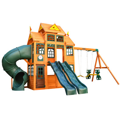 Falcon Ridge Wooden Swing Set with Kitchen, Slides and Glider