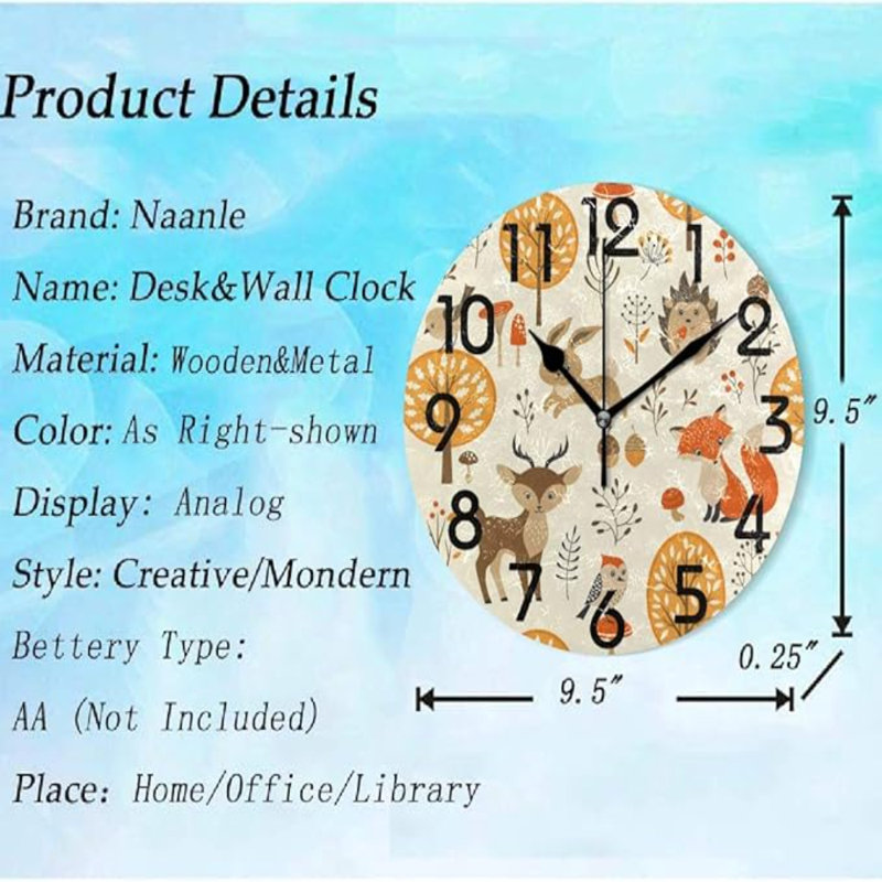 Horloge murale Naanle Autumn Forest Deers Owls Fox Mushroom