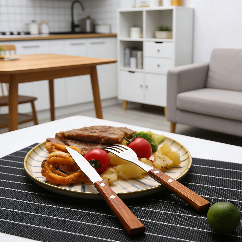 Ensemble de couverts 16 pièces en bois 16 pièces, 4 couverts en acier inoxydable 18/8 avec couteaux, fourchettes, cuillères et cuillères à dessert pour tous les jours