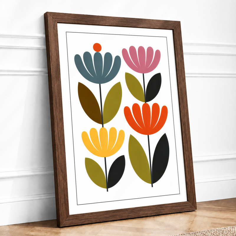 Six Stylized Blooms Mid-Century - Framed Print, Walnut, A1 - 84.1 x 59.4 cm