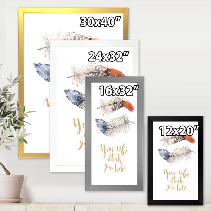 «Two Feathers Your Vibe attire votre tribu», reproduction sur toile, Toile encadrée dorée, H 40 po x l 30 po x 1,5 po