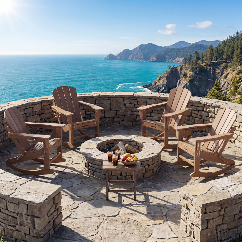Folding Adirondack Rocking Chair with Retractable Ottoman, All-Weather HDPE Outdoor Rocking Chair, Wooden Textured with Cup Holder for patios, Decks, Gardens, fire pits
