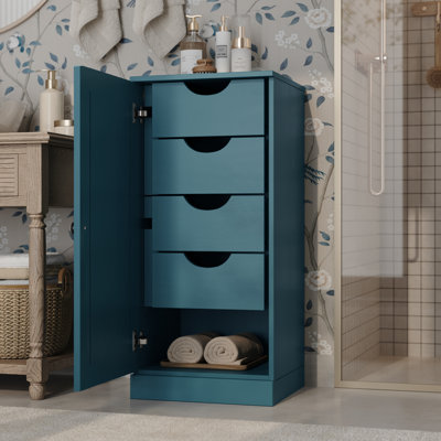 100% Solid Wood Bathroom Storage Cabinet, Raised Panel Door, 4 Drawers, Adjustable Shelves, 16.5" Wide, 35.75" Tall