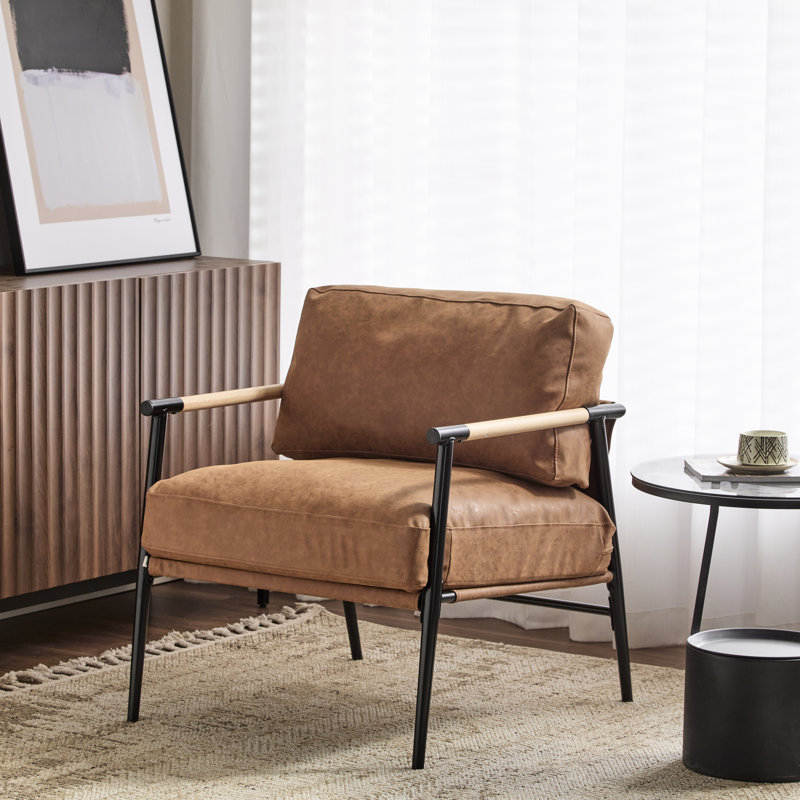 Fauteuil d'appoint brun 26,96 po avec coussin de dossier et siège confortables, structure en métal de conception contemporaine, convient pour la chambre à coucher ou le bureau, largeur 29,68 po, coussins 21,48 lb, noir