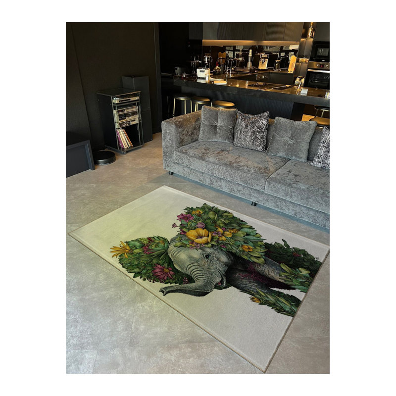 Tapis décoratif abstrait à motif artistique fleurs et éléphants, Sous-tapis rectangulaire 3 pi 11 po x 5 pi 11 po i