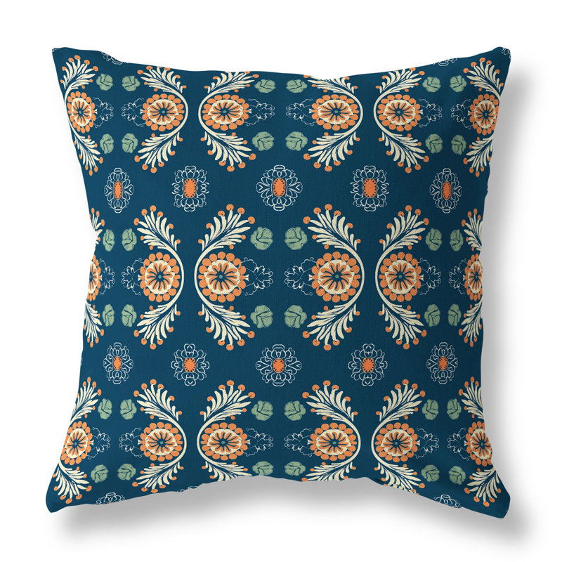 Blue and Orange Floral Reversible Square Throw Pillow
