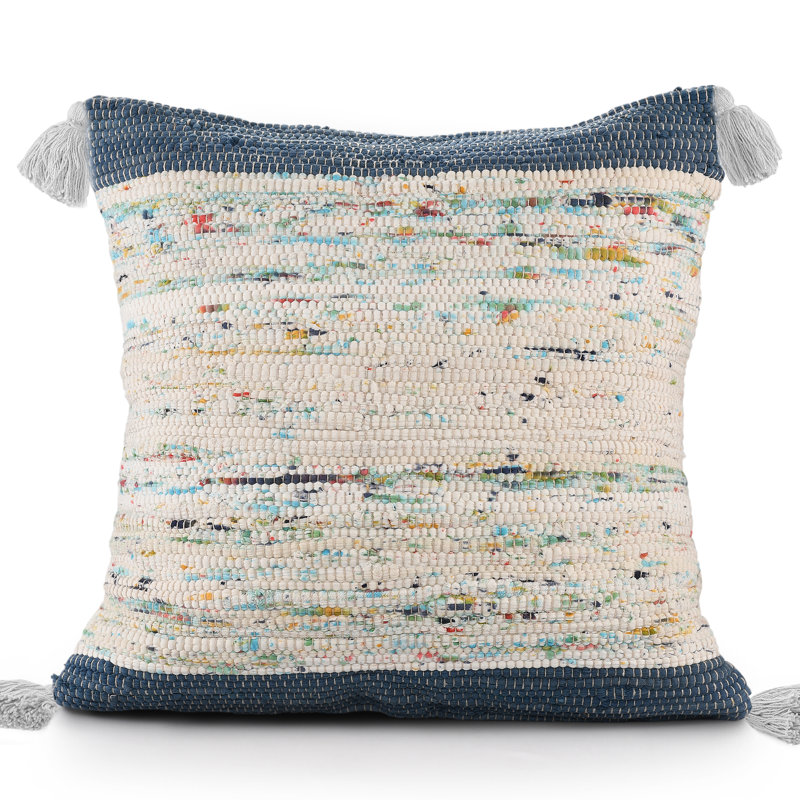 Colorful Abstract Cotton Pillow with Tassels, Blue/Beige, Polyester