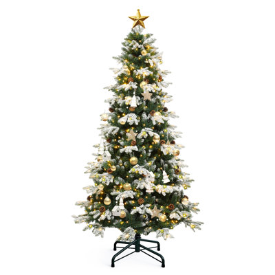 Arbre de Noël vert floqué pré-éclairé avec pommes de pin