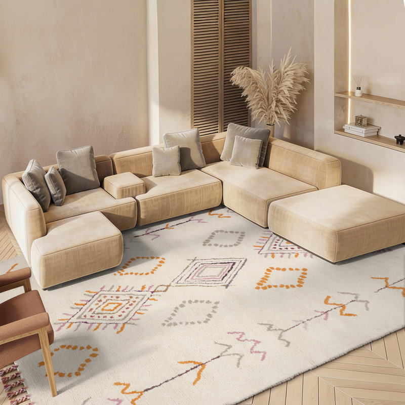 Tapis orange / gris / ivoire touffeté à la main en laine Powell