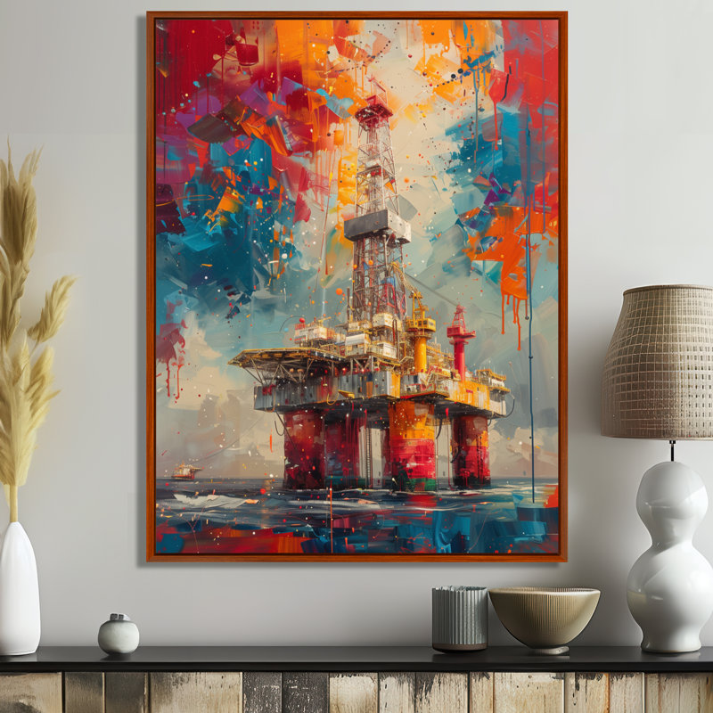 Rouge rouge vert plate-forme de pétrole Roughneck Rodeo, Toile avec cadre flottant brun, H 34 po x l 44 po x P 1,5 po