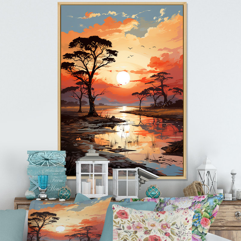 Coucher de soleil africain, savane, harmonie I - arbre, art mural africain, Cadre flottant brun, 40" H x 30" W