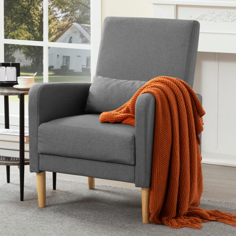 Chaise d'appoint en lin gris foncé - structure en bois massif, siège en mousse haute densité, poche latérale de rangement, pieds antidérapants, idéale pour les petits espaces de lecture et de détente