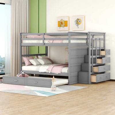 Full Over Full Bunk Bed With Twin Size Trundle And Staircase, Gray