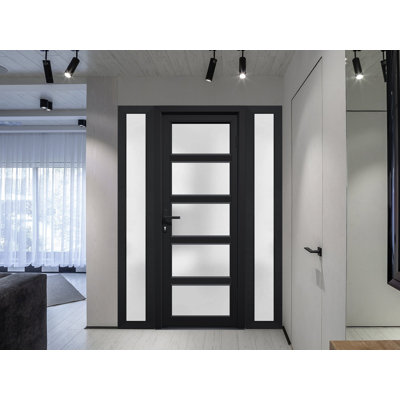 Porte d'entrée extérieure prémontée en PVC-U métallisé, verre dépoli, Manux 8002, noir mat, 2 fenêtres latérales extérieures, pour bureaux, commerces et habitations, entrée, patio, garage - L 12+30+12 x H 80 - Ouverture à gauche vers l'intérieur