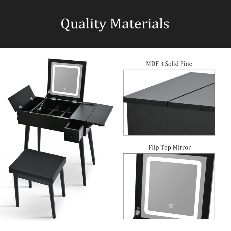 Meuble-lavabo noir 27,9 po avec miroir rabattable, lumières DEL, station de charge, 2 tiroirs, panneau pliable et tabouret rembourré pour l'ensemble de maquillage de chambre à coucher