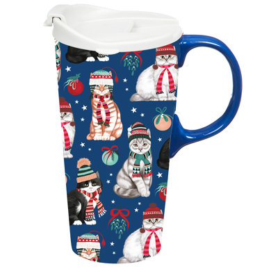 Tasse de voyage en céramique parfaite, 17 oz, avec boîte-cadeau, chats d'hiver