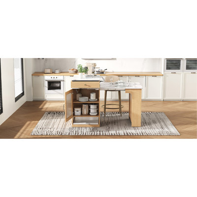 59.5"Kitchen Island with Extendable Dining Table, Kitchen Storage Table with Double-sided Storage, Kitchen Island with 2 Drawers, Power Outlet, Side O