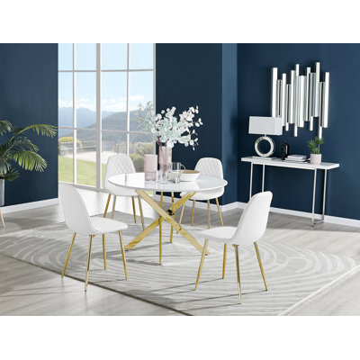 Sleek Gold and White Gloss Round Dining Table Set with 4 Faux Leather Dining Chairs