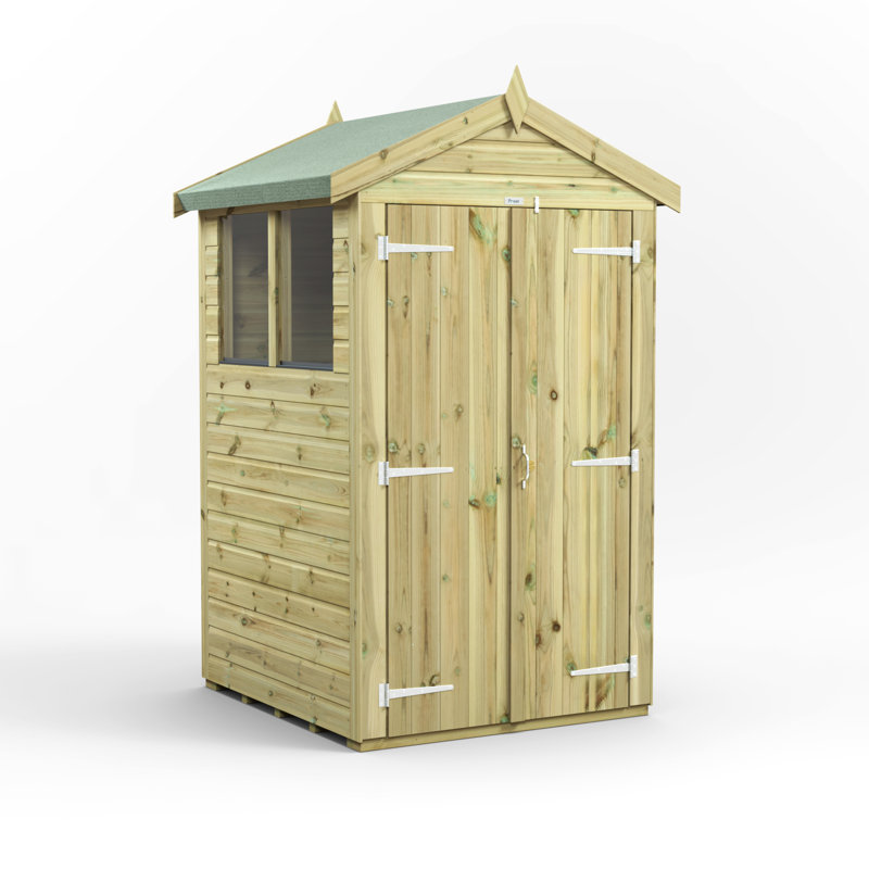 Powersheds 4 x 4ft Premium Pressure Treated Timber Apex Garden Shed, Double Doors