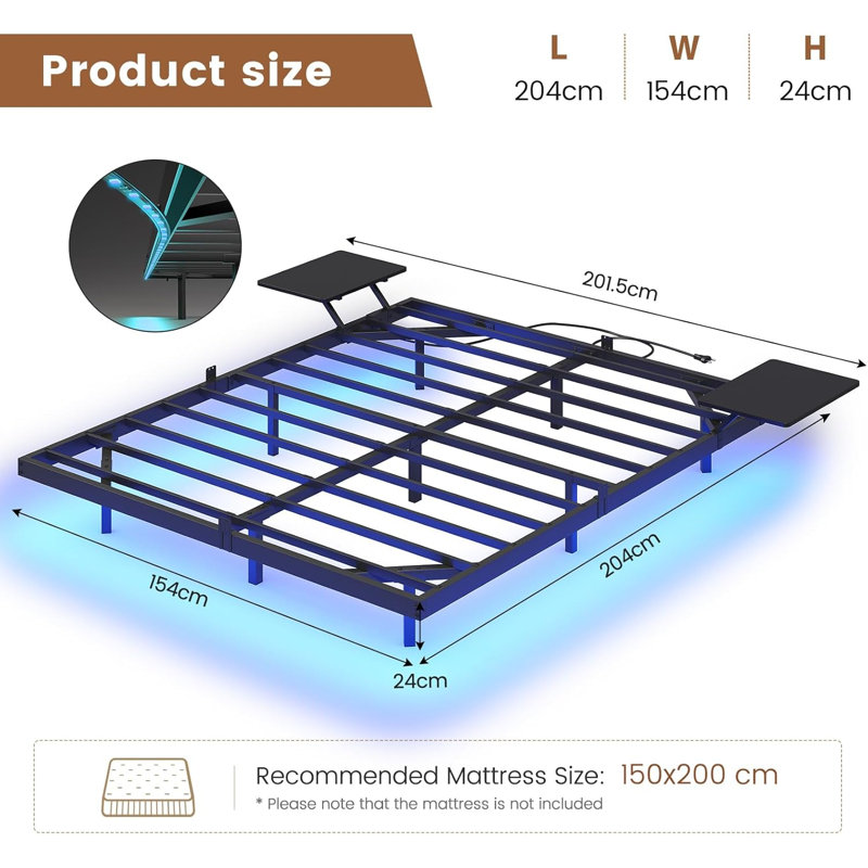 Floating Bed Frame with LED Lights and Charging Station Bed Frame with Storage Shelves Metal Platform Bed Frame,Under-bed Storage/Noise Free