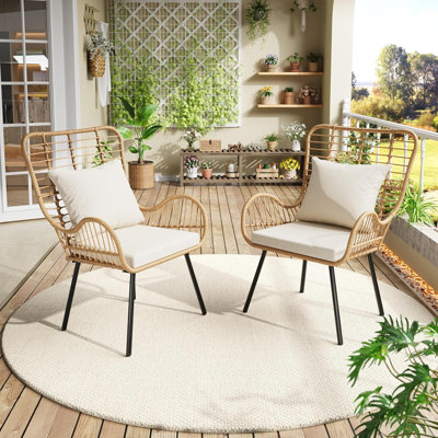 Wicker Chairs Outdoor Set of 2, 500 Lbs Capacity Outdoor Patio Chair, All-Weather Club Chair with Water-Resistant Cushions