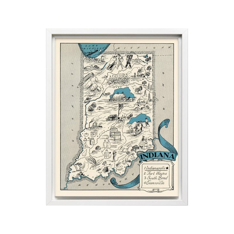 Carte illustrée de l'Indiana, Canvas, 24"H x 32"W, White Framed