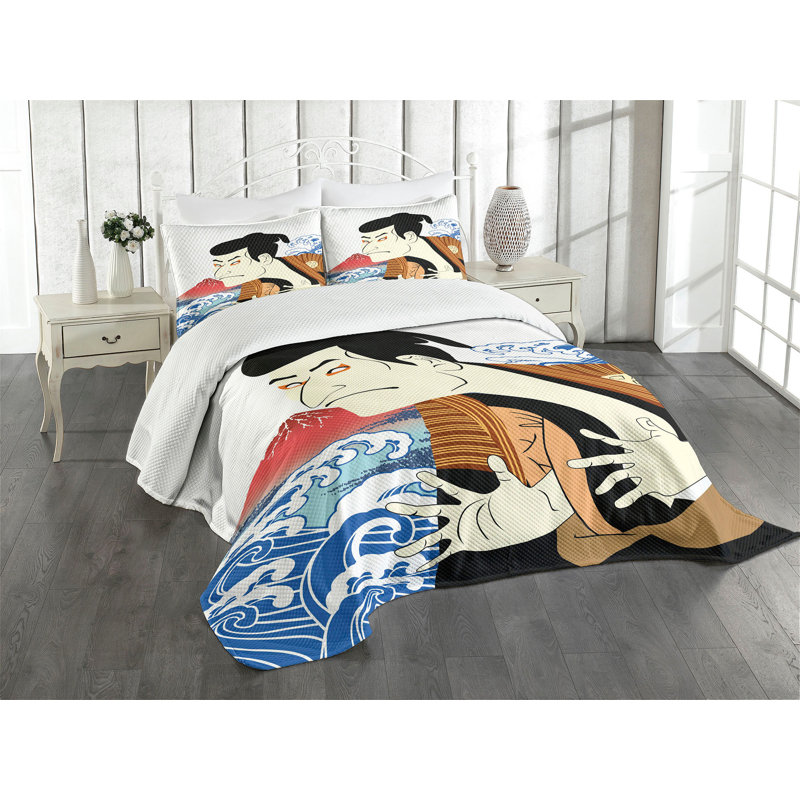 Ambesonne Kabuki Bedspread Set Performer Portrait Multicolor, King Bedspread + 2 Standard Shams