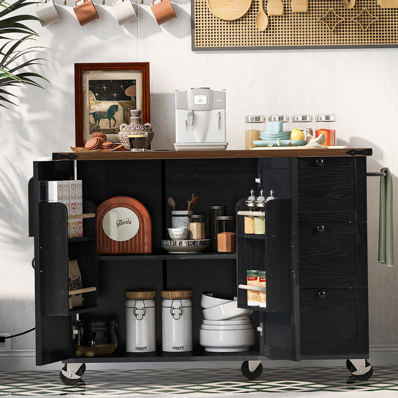 Îlot de cuisine avec prise de courant, îlot de rangement de cuisine avec support de rangement interne, abattant, Noir