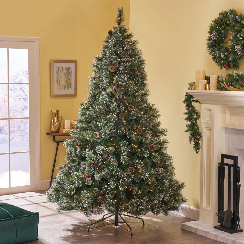 Arbre mélangé 9 pi Cashmere et poils de neige avec 2317 pointes, 105 pommes de pin et 1200 lumières claires