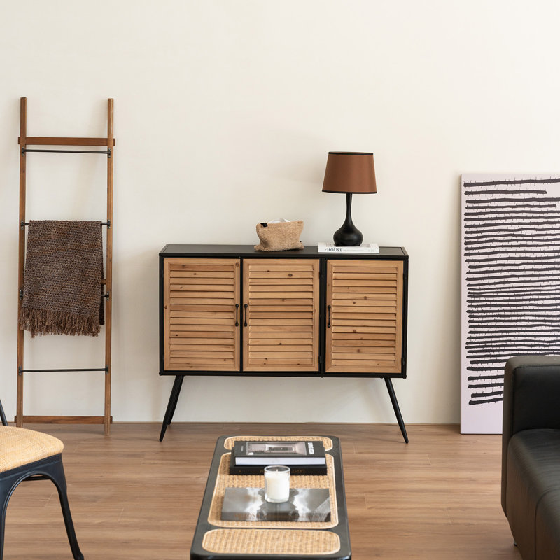 Armoire de rangement industrielle de 43,3 po de largeur, buffet Mid-Century pour salon, salle à manger, entrée, volet en bois