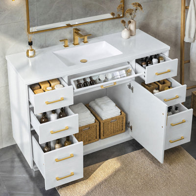 Ensemble de meuble-lavabo moderne de 122 cm (48 po), meuble autoportant en MDF avec lavabo en composite, 7 tiroirs et porte à fermeture amortie