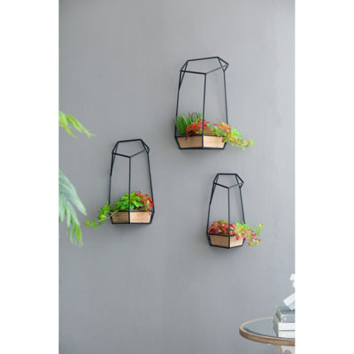 De 3 jardinières murales géométriques noires avec des détails en bois de sapin, convenant aux décorations intérieures, dimensions: L 9,8 x 9,8 x 16,5 m, 8,3 x 8,3 x 15,4 x 7,1 x 7,1 x 13,4 pouces avec cadre en fer, décor idéal