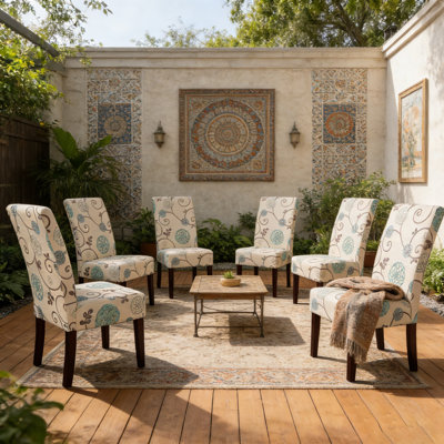 Set of 6 Blue Floral Upholstered Dining Chairs - Light Beige Fabric with Botanical Pattern, Sturdy Rubberwood Frame, Contemporary Padded Chairs for Kitchen & Dining Room, Easy Assembly