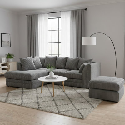 Soft Fabric Jumbo Cord 4 Seater L Shape with Foot Stool Upholstered Living Room Sets