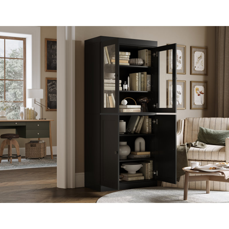 Bibliothèque 100% bois massif à 6 tablettes, portes Shaker et verre transparent, tablettes réglables, 32 po de largeur, 71,5 po de hauteur