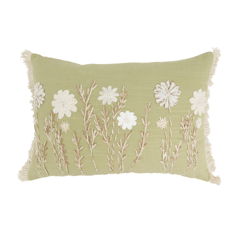 Delicate Embroidered Floral Pillow Cover, Green, No Insert