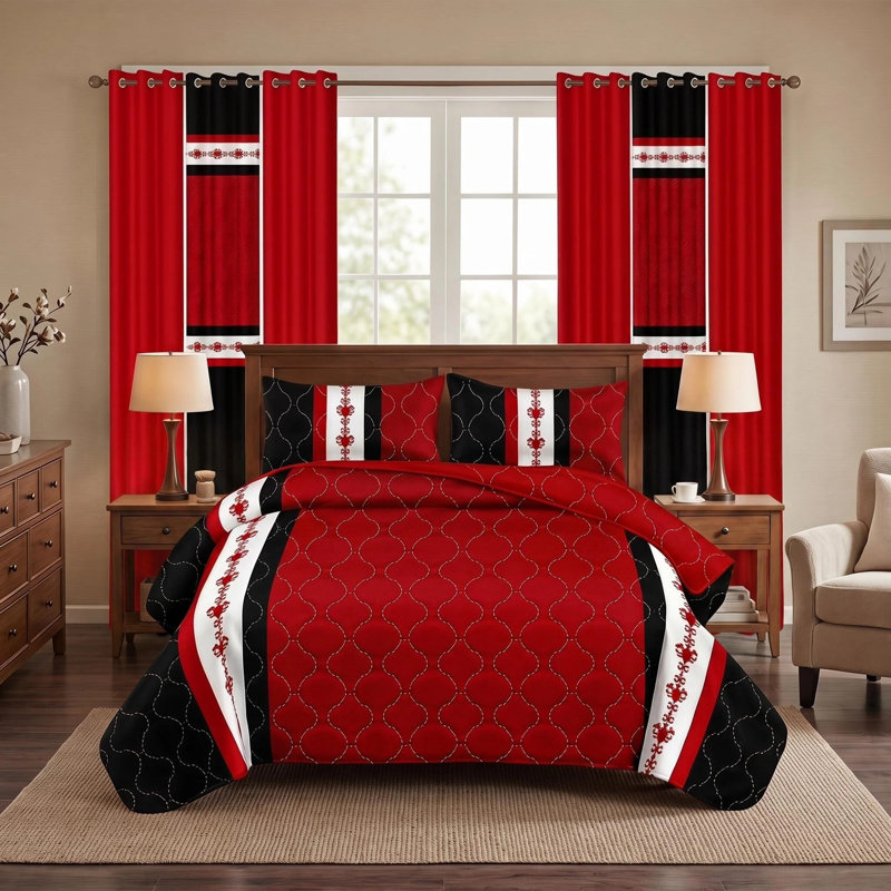 Ensemble de couvre-lit et rideau 9 pièces en microfibre rouge et noir avec 2 taies décoratives et 6 œillets filtrant la lumière