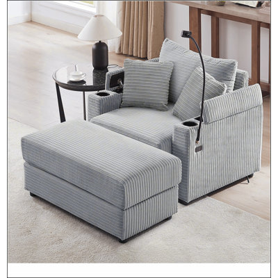 41.7" Modern Style Single Sofa Sofa Couch with Storage Space, A Movable Ottoman, Two USB Ports, Two Cup Holders, A Phone Holder for Living Room(Old SKU:N719S001611E), Grey
