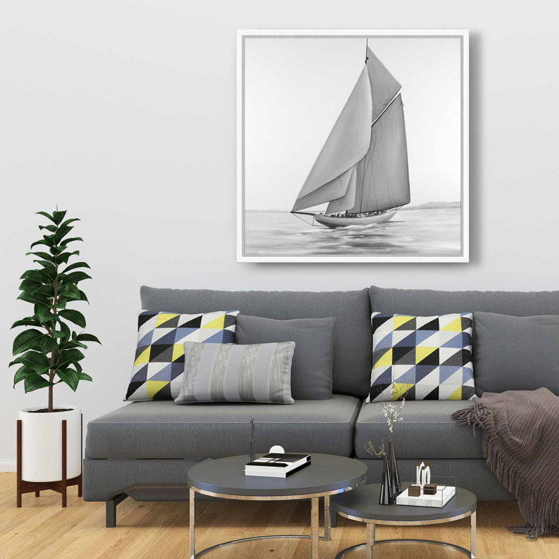 Voilier rétro - décor de toile encadrée bord de mer blanc