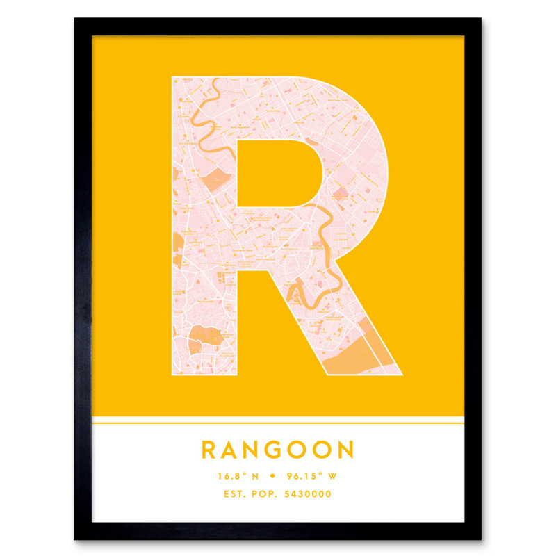 Rangoon Myanmar City Map Yellow - Single Picture Frame Typography