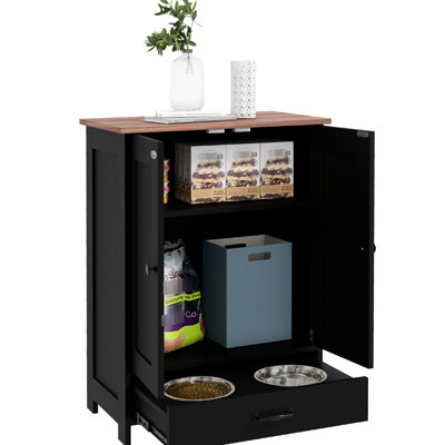 Black Dog Food Storage With Hidden Bowls, Adjustable Panel, Hooks For Medium Dogs Feeding Structure Eating Tools, Medium Dogs,