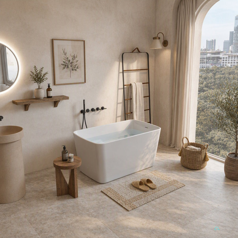 Baignoire de trempage autoportante en acrylique de 49 po, bain de trempage japonais de forme carrée, conception à asseoir avec trop-plein chromé et bonde pour livraison express