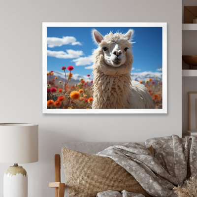 " Beige Black Llama In Flower Field Photo "