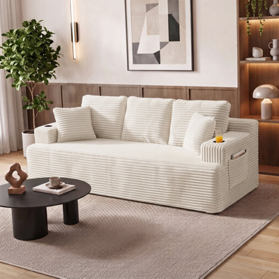 Eyisean 86" Boneless Loveseat Sofa, Corduroy Upholstered Compression Couch with Cup Holders & Side Pockets, Throw Pillow, 3 Seater Cloud Floor Couch for Living Room, Apartment, Small Space, No Assembly Required