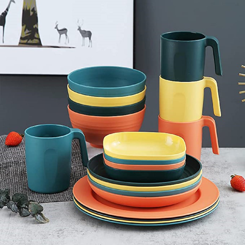 Ensembles de vaisselle en plastique (20 pièces) - Ensemble de vaisselle léger et incassable - Assiettes, bols, tasses, service pour 4, idéal pour les enfants et les adultes