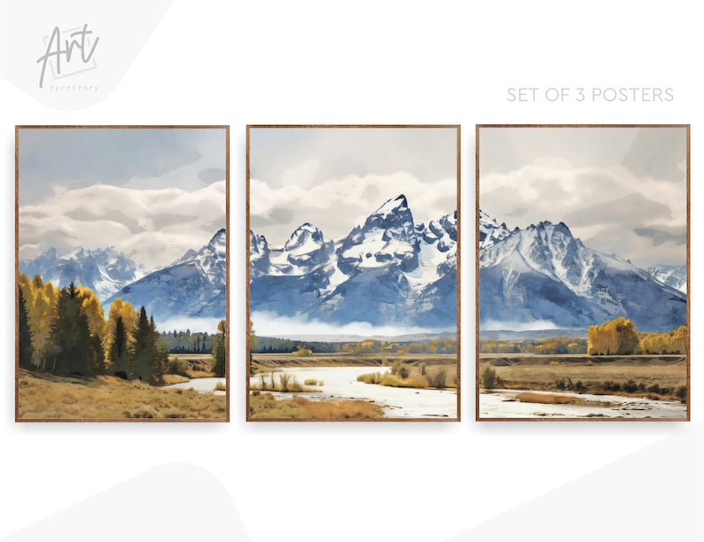 «Grand Teton National Park», reproduction d'art à l'aquarelle sur montagnes sans cadre, Toile tendue