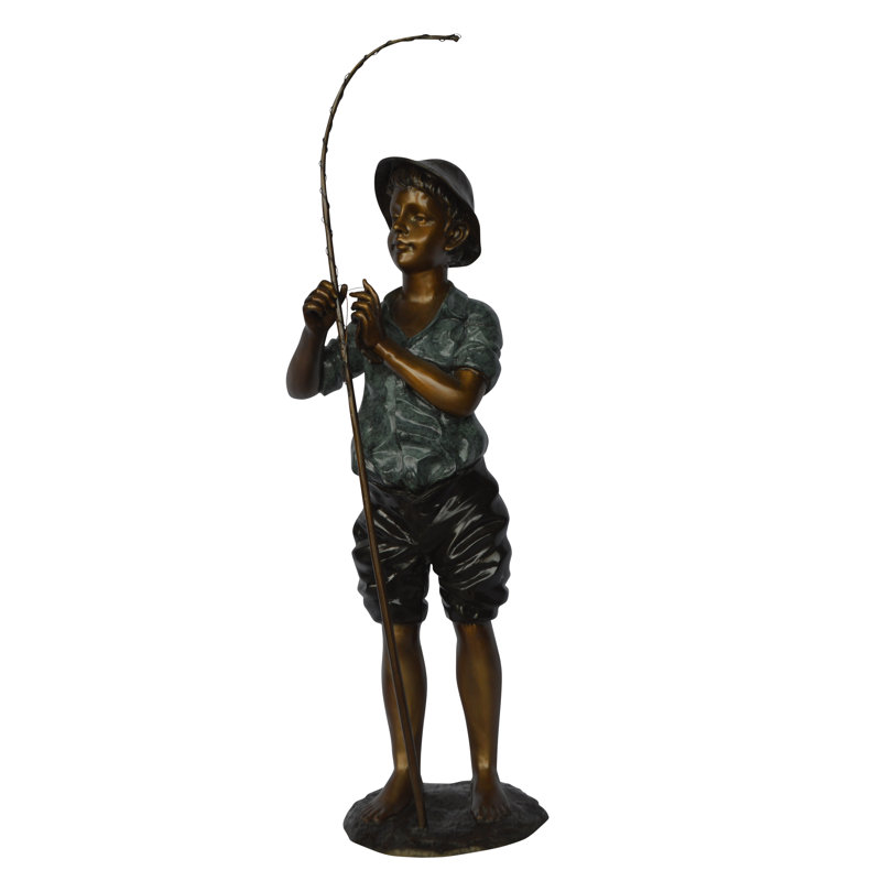 Boy with fishing rod  bronze statue -  Size: 11"L x 14"W x 44"H. 