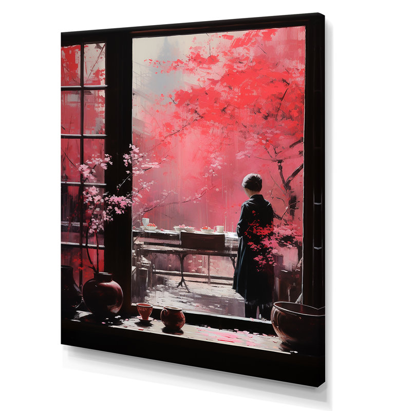 Rose, Japon, fenêtre, vue, femme, art mural, Toile tendue, H 44 po x l 34 po x P 1,5 po